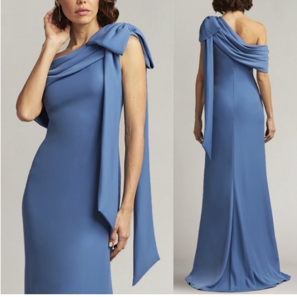 Tadashi Shoji Cassia Bow Shoulder Crepe Gown Cadet Blue 10 nwt